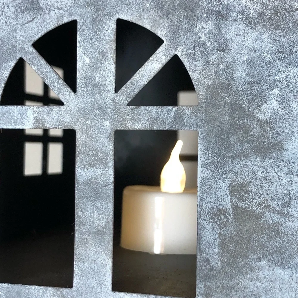 Metal Pre-Lit Church/Chapel Votive Holder in Distressed Galvanized Gray, EUC